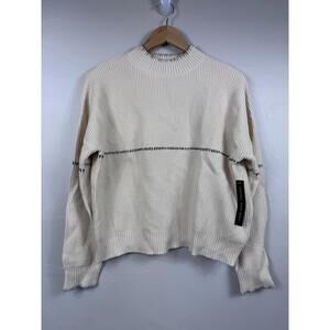NEW Central Park West Sweater Womens Med Cream Grey Whipstitch Mock Neck Minimal